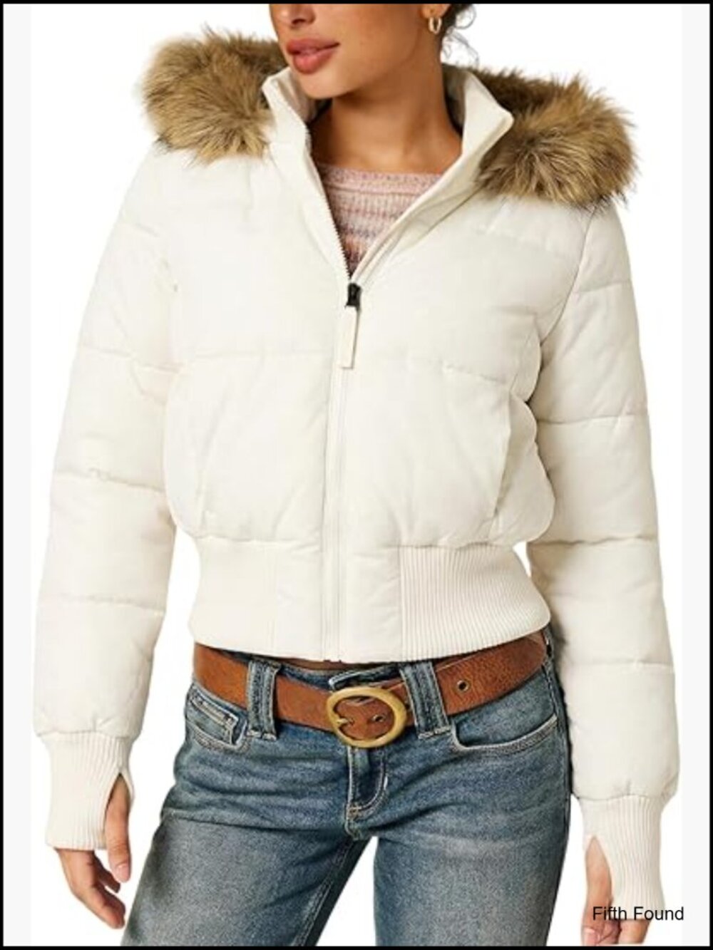 Women's Cream Faux-Fur Trim Cropped Puffer Jacket